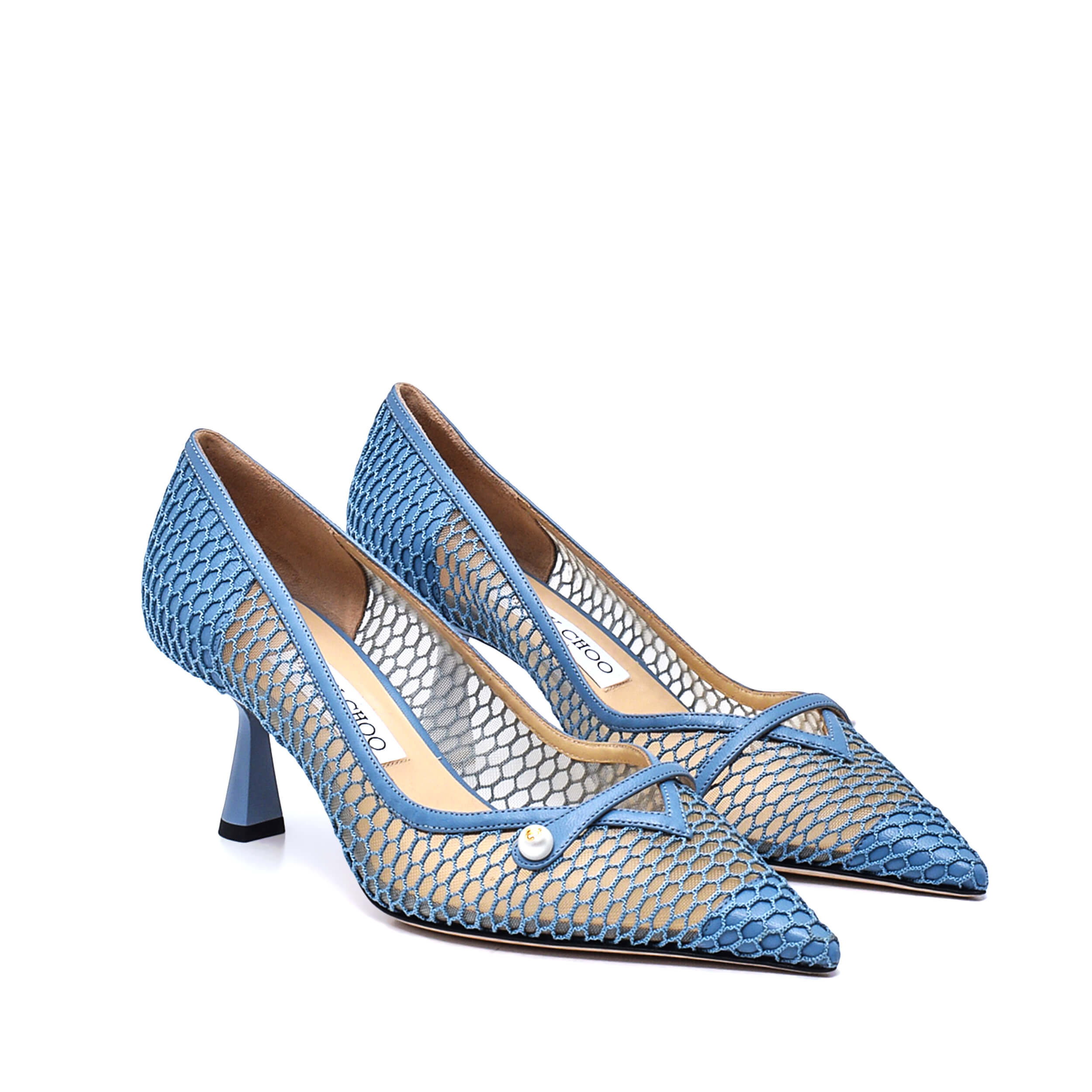 Jimmy Choo - Smoky Blue Rosalia Fishnet Mesh 65MM Pumps / 38